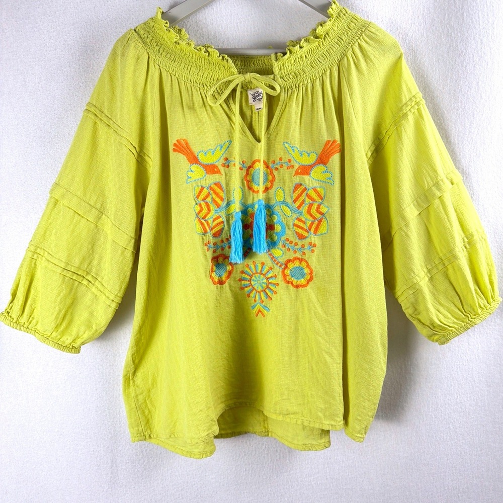 Ivy Jane Lime Green Embroidered Cotton Gauze Peasant Blouse Tassel Top Sz S/M